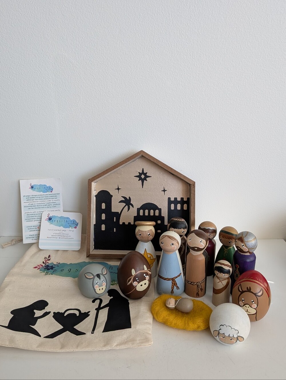Handmade wooden peg doll nativity scene hand painted figures Manger Set of 14